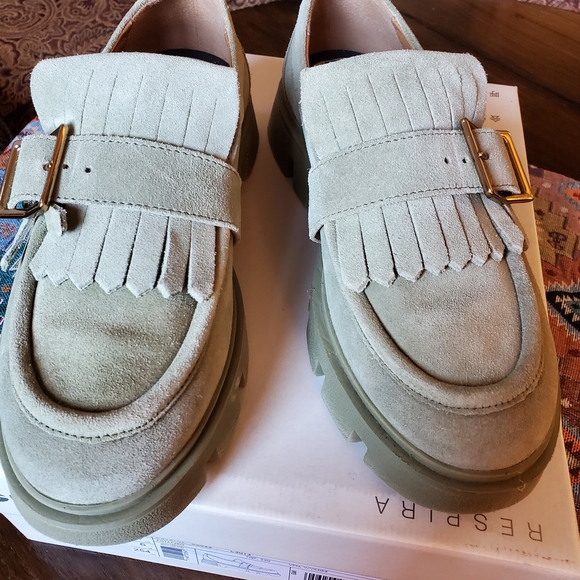 Geox Shoes - Geox Women's Sage Green Suede Fringe Loafers with Gold Buckle